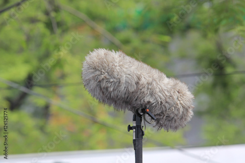 Close-up of a fluffy windshield on a boom microphone nature background