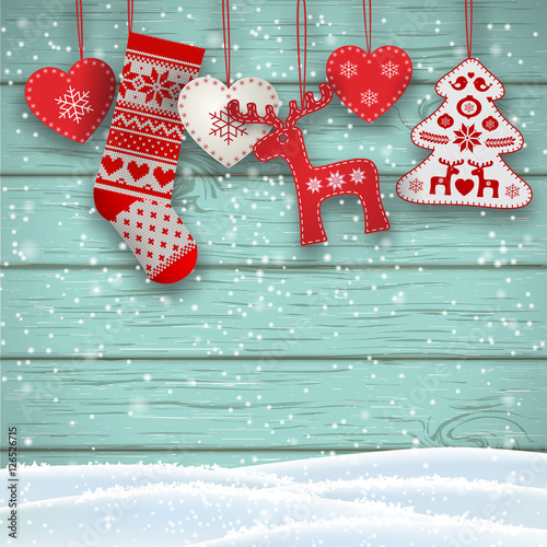 Christmas folklore decorations hanging in front of blue wooden wall, illustration
