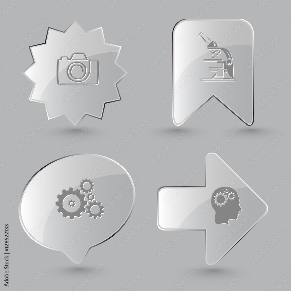 4 images: camera, lab microscope, gears, human brain. Tehnology 4 images: camera, lab microscope, gears, human brain. Tehnology