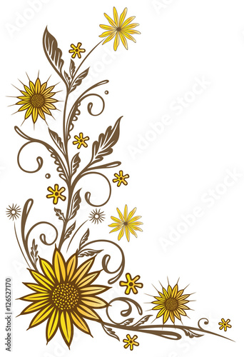 Fototapeta Naklejka Na Ścianę i Meble -  Ranke mit Sommerblumen, Blättern und Sonnenblumen.