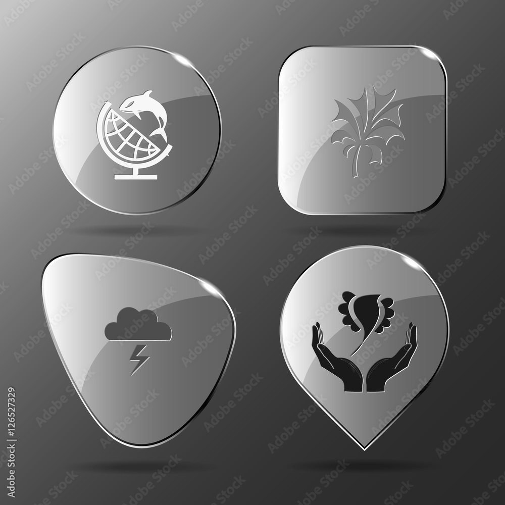 4 images: globe and shamoo, plant, thunderstorm, bird in hands. 4 images: globe and shamoo, plant, thunderstorm, bird in hands.