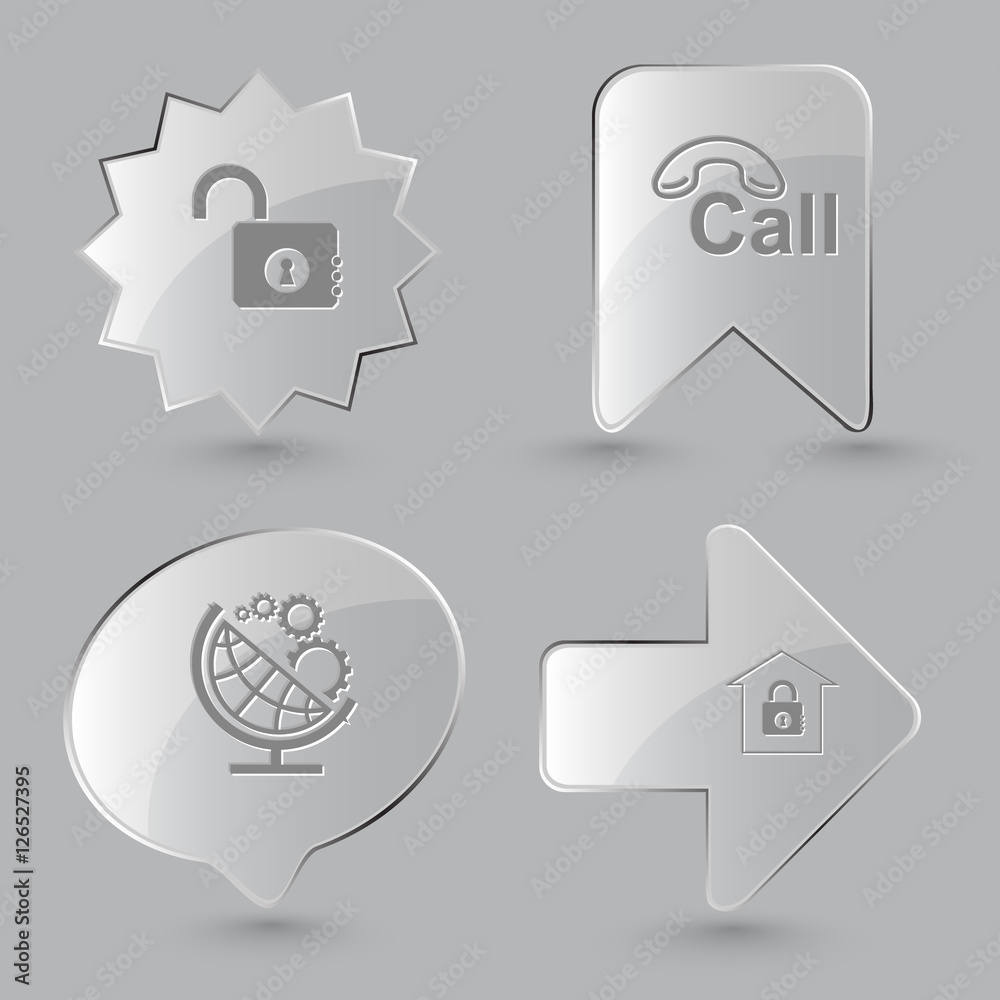 4 images: opened lock, hotline, globe and gears, bank. Business 4 images: opened lock, hotline, globe and gears, bank. Business