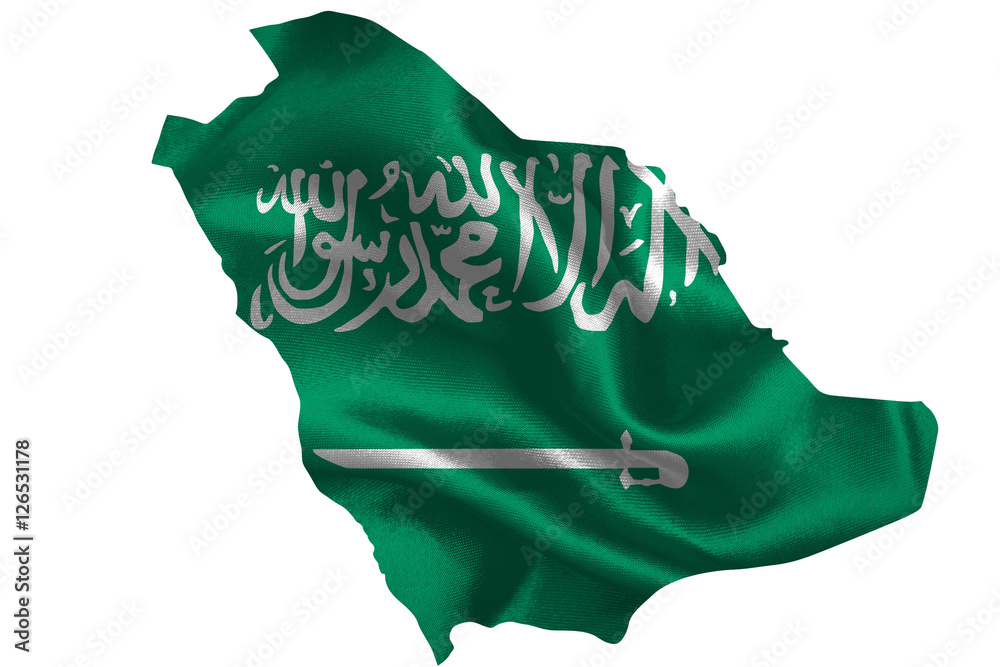 Map of Saudi Arabia with national flag on fabric surface.