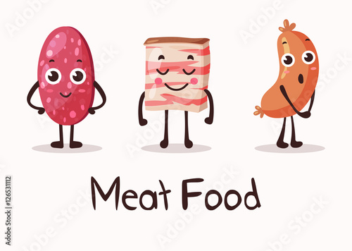 Cartoon meat food characters with smiley faces