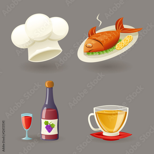 Restaurant Icons and Symbols Set Retro Cartoon Design Vector Illustration