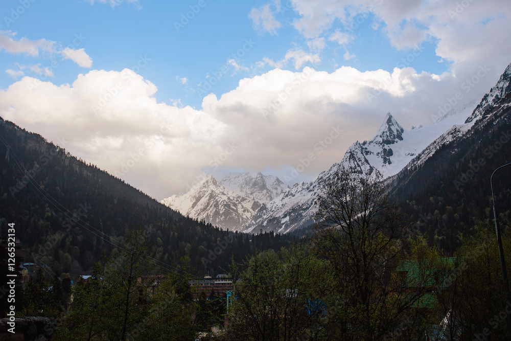 Snow-covered mountain against the blue sky. The silhouettes of the trees in the foreground.Dombay