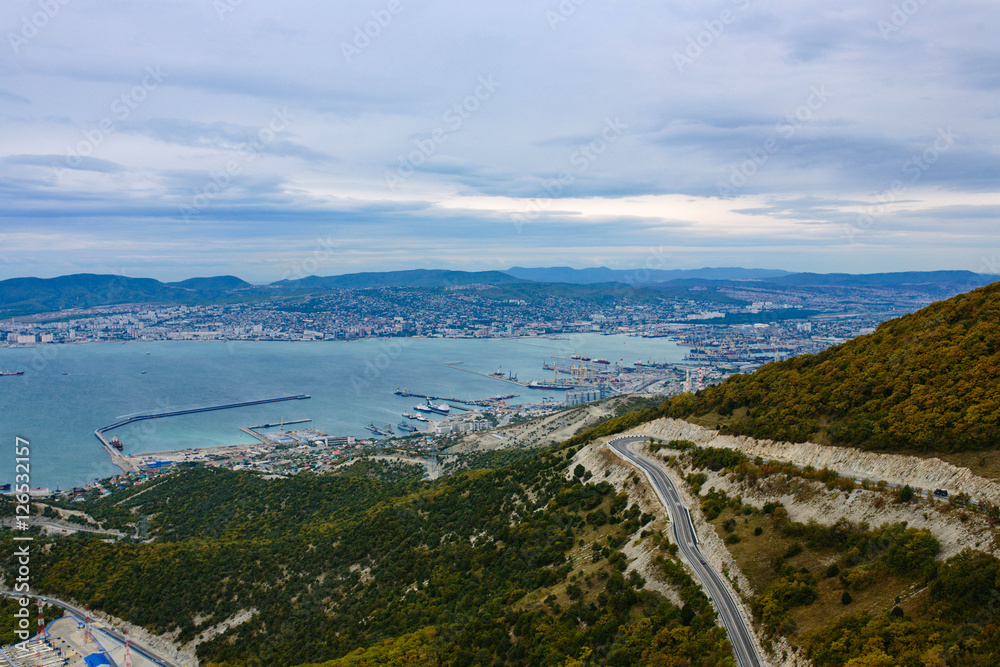 view of Novorossiysk, Russia and Tsemess Bay from the observation deck of the Seven winds