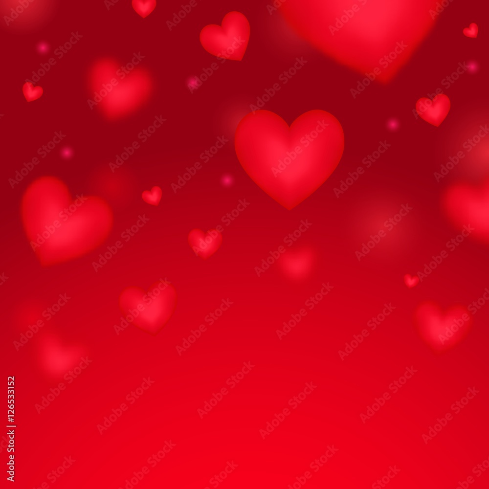 Falling blurred red hearts background.