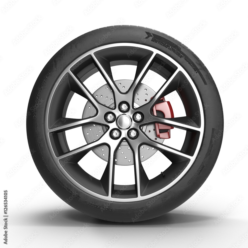 Automotive wheel on light alloy disc isolated. 3D illustration