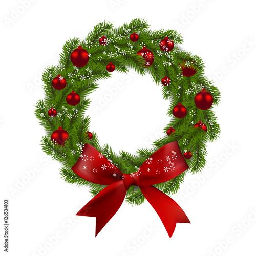 Christmas wreath. Green fir branches with red balls and bow on a white background. Christmas decorations. illustration