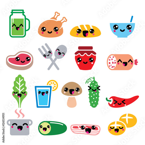 Kawaii cute food characters - meat, vegetables, drinks icons set
