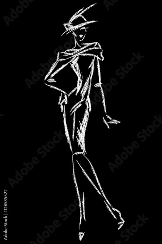Black and white retro fashion woman model. Hand drawn vector © sofiapink