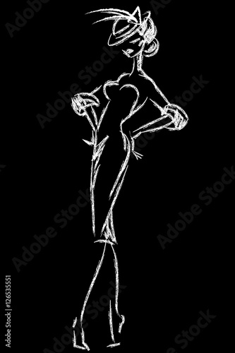 Black and white retro fashion woman model. Hand drawn vector