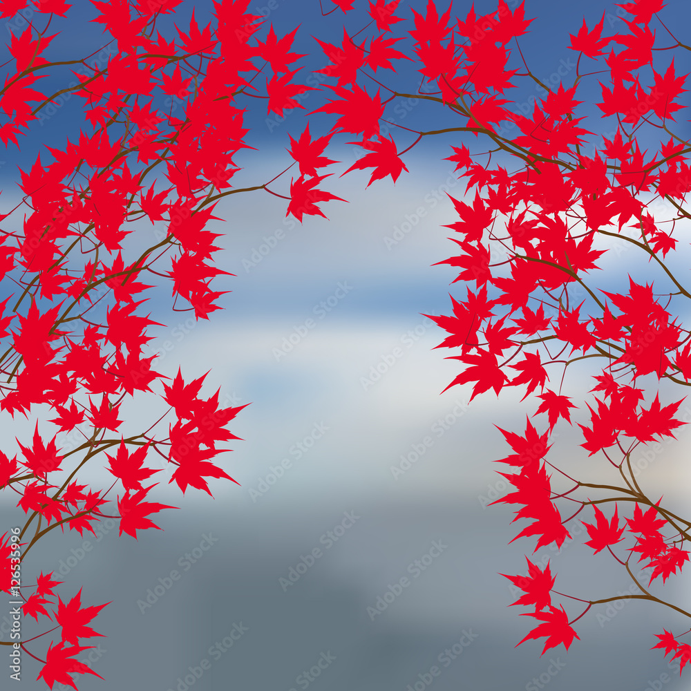 Greeting card of the autumn landscape. Red maple leaves on the branches on either side. Japanese red maple on a background of the sea illustration Greeting card of the autumn landscape. Red maple leaves on the branches on either side. Japanese red maple on a background of the sea illustration