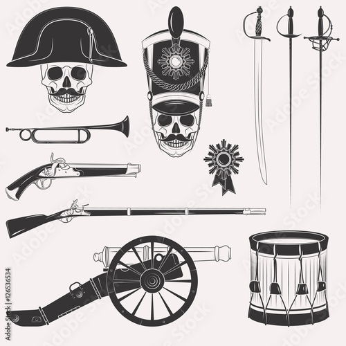 Set of vintage Napoleon Empire French Russian war uniform, equipment, weapons, horn, drum, cannon, sword, rapier, medal, skull in hats isolated on white background
