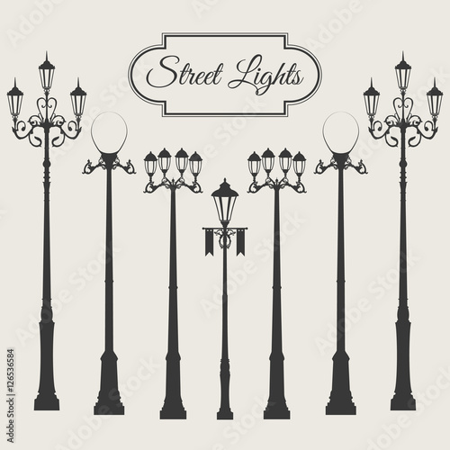 Vintage vector street light pack set with vignette frame isolated on white background