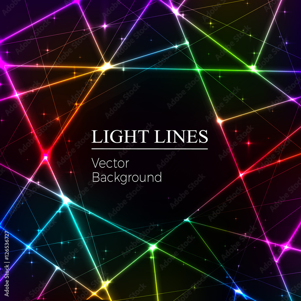Colored  random laser beams on dark background. Place for your t