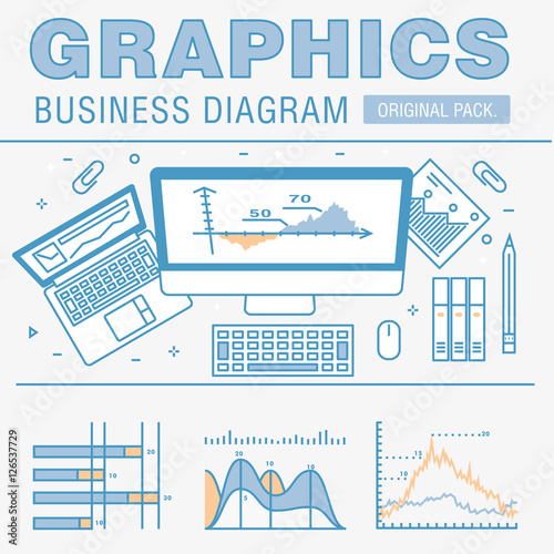 Business graphics of modern office industry. Thin line diagram concept. Statistic creative and infographics finance elements. Slim vector stroke pictogram for web design.