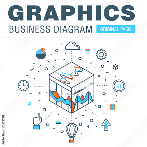 Business graphics of modern office industry. Thin line diagram concept. Statistic creative and infographics finance elements. Slim vector stroke pictogram for web design.