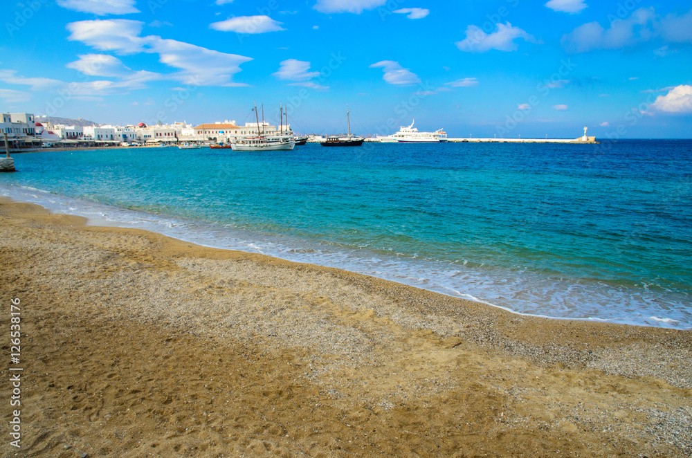 The beach in front of the harbour in Mykonos island, Aegeon sea,Greece