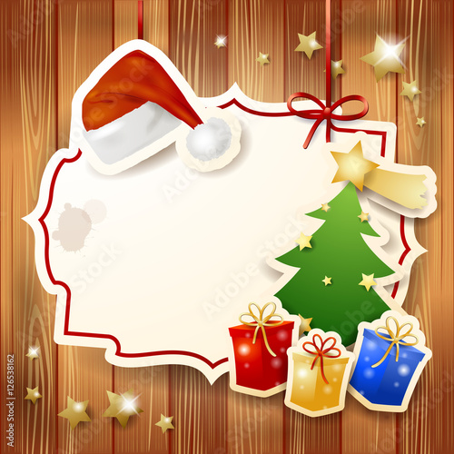 Christmas label with hat and tree with gifts
