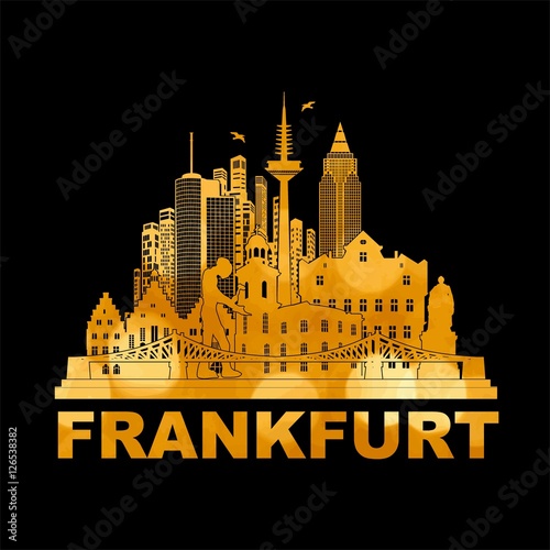 Frankfurt am Main - Glamour Silhouette Panorama Skyline schwarz gold Vektor mit vielen Sehenswürdigkeiten und Denkmälern