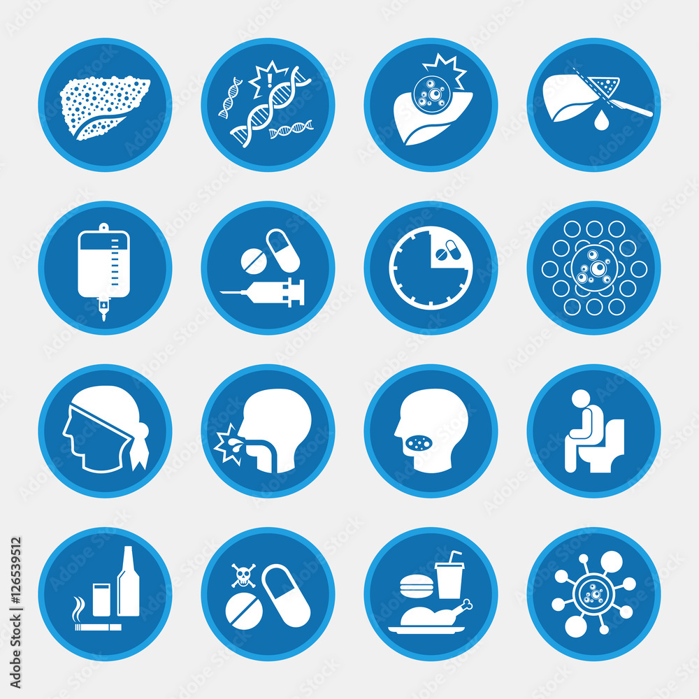 Liver Cancer icons for infographic, circle blue button Liver Cancer icons for infographic, circle blue button