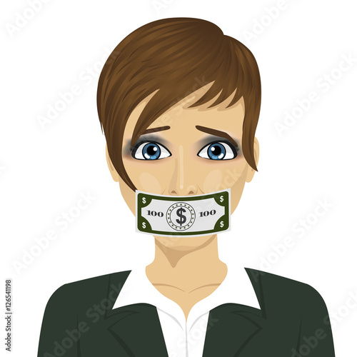 young corrupt woman with dollar bill taped to mouth. Bribery concept in politics, business, diplomacy.