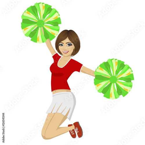 young beautiful cheerleader girl jumping with pom poms wearing red uniform