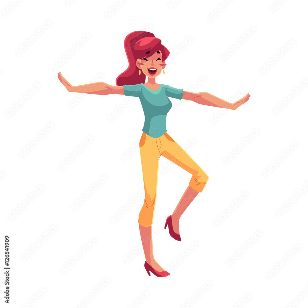 Young beautiful girl dancing at the party, cartoon vector illustration isolated on white background. Full height portrait of young pretty woman dancing and having fun