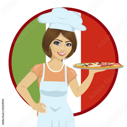 female chef holding pizza on tray standing over italian flag