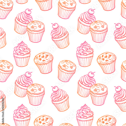 Seamless pattern with muffins and cupcakes.