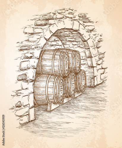 Ancient cellar with wine wooden barrels