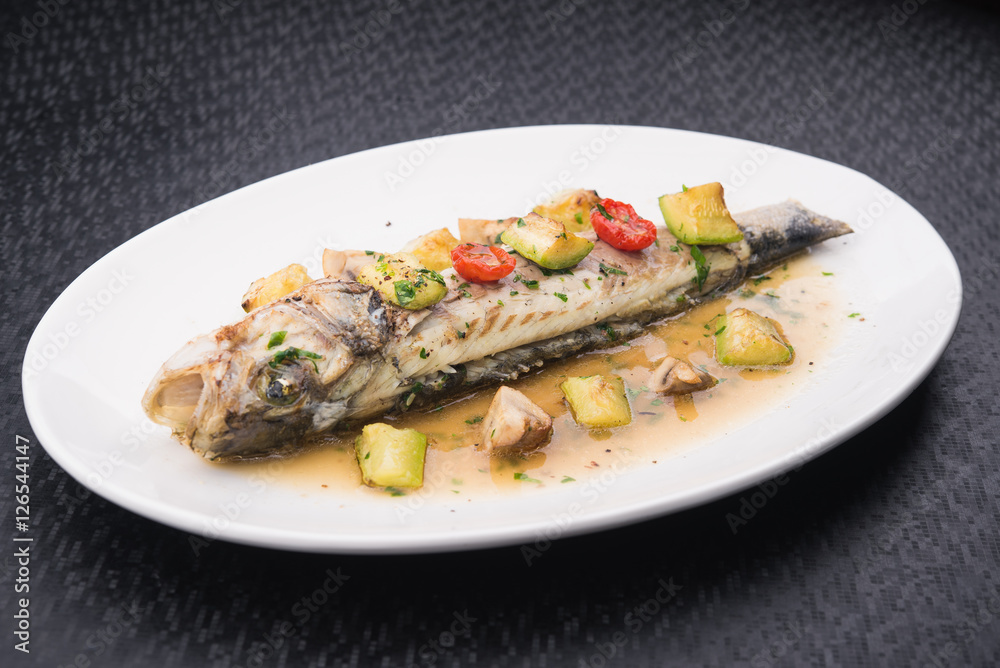 baked fish with grilled vegetables