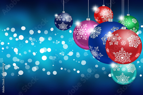 Christmas toys with snowflakes on abstract blue background