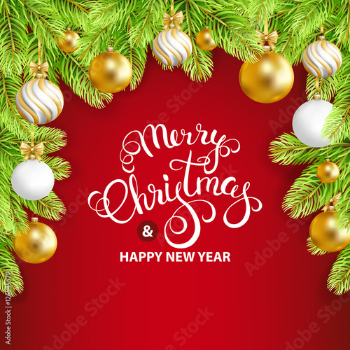 Merry Christmas and Happy New Year card with gold, white balls and fir-tree. Merry Christmas calligraphy. Vector illustration.