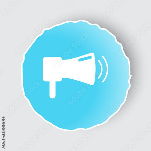 Blue app button with Megaphone icon on white.