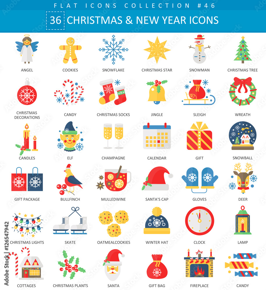 Vector Christmas and Happy New Year flat icon set. Elegant style design.