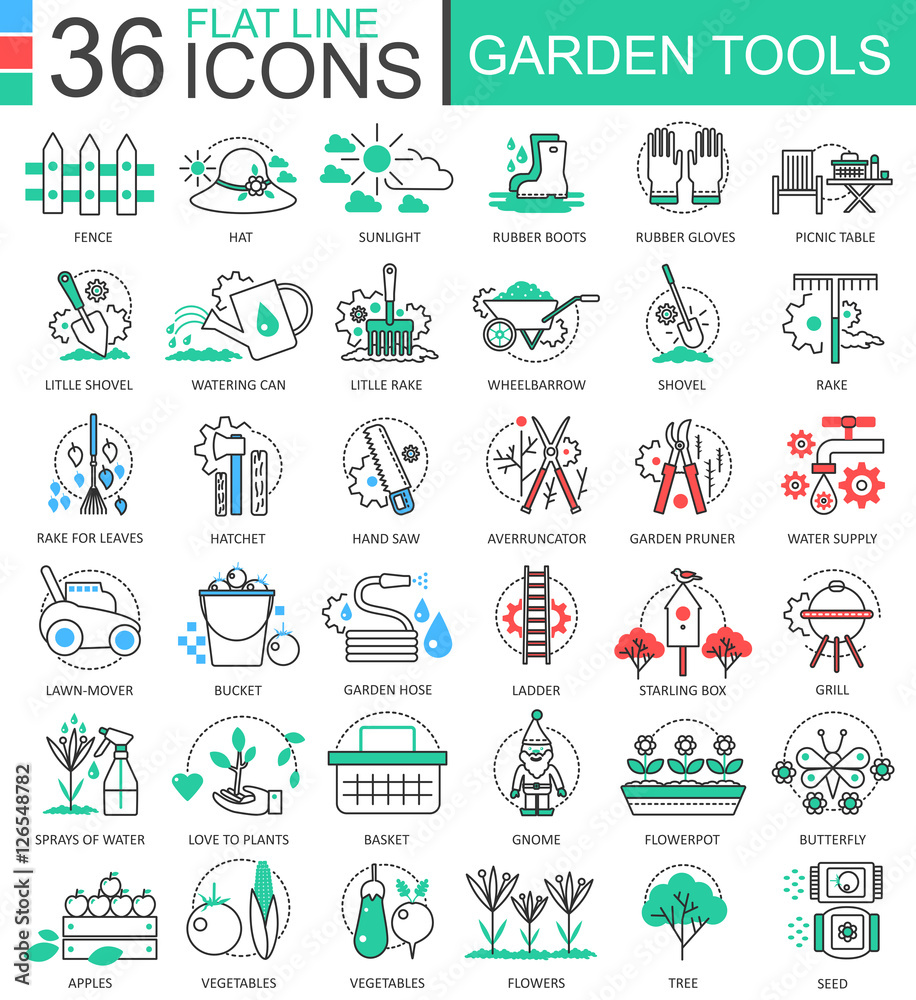 Vector Garden tools modern color flat line outline icons for apps and web design.