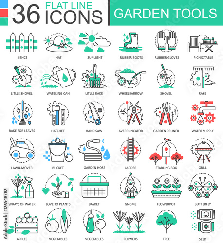 Vector Garden tools modern color flat line outline icons for apps and web design.