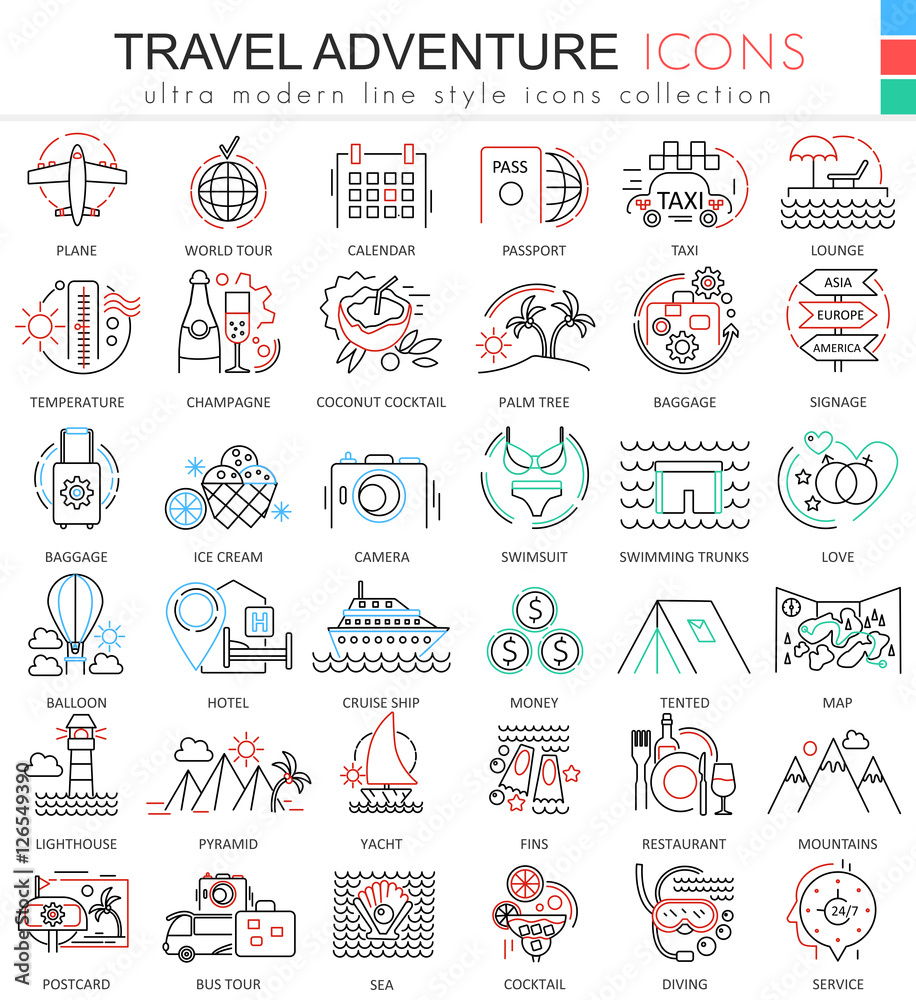 Vector Travel adventures ultra modern outline line icons for apps and web design. Travel sybols for app and web.