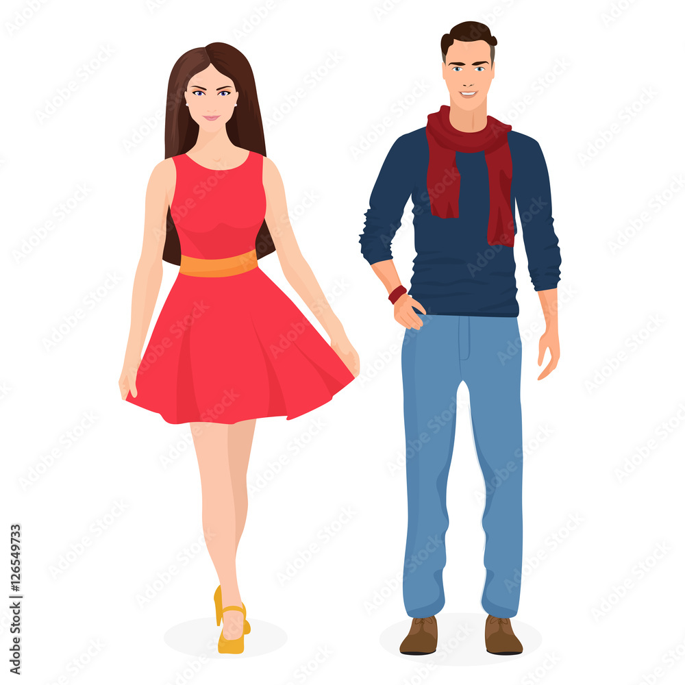 Beautiful young couple together. Cartoon students in fashion clothes. Male  and female couple. Stock Vector | Adobe Stock