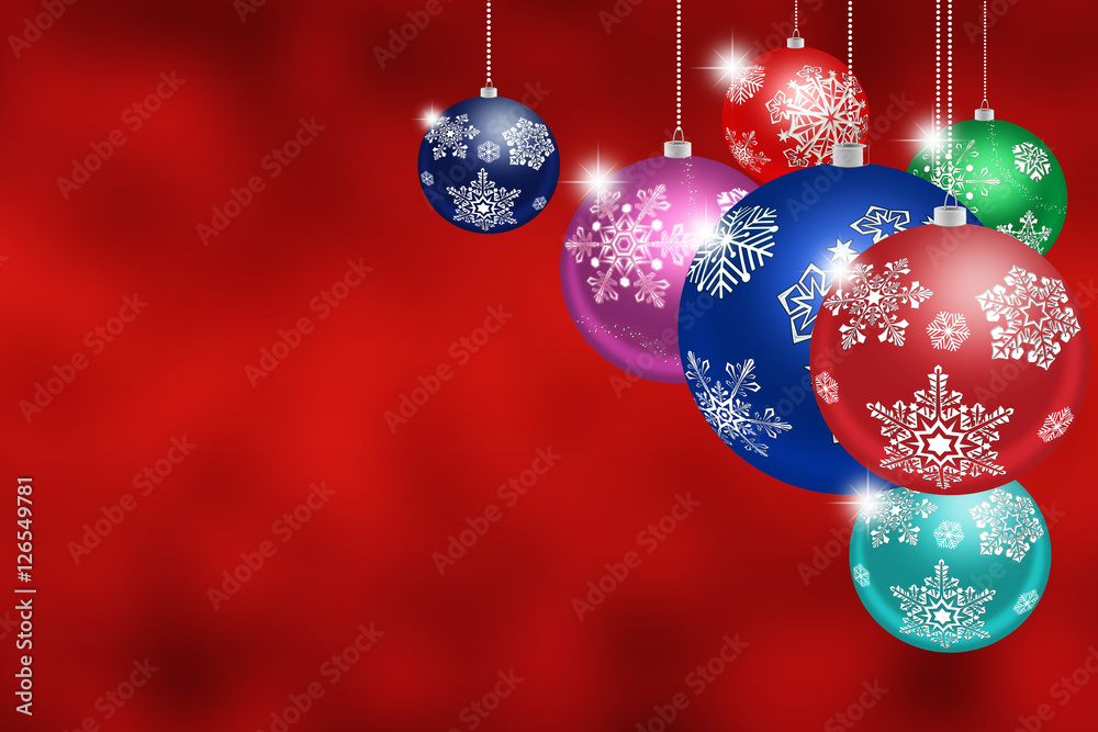 Fototapeta premium Christmas toys with snowflakes on abstract red background