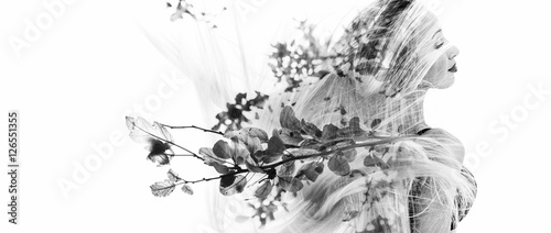 Monochrome double exposure of happy girl dancing and leaves photo