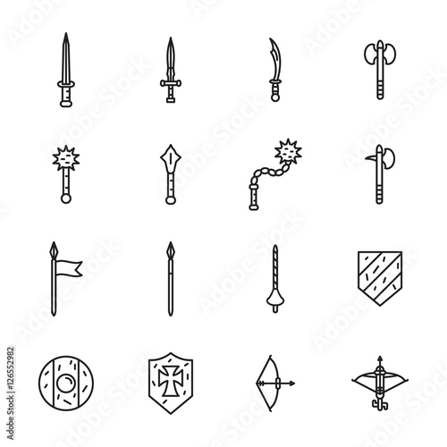 Medieval weapons thin line icon set. Vector.