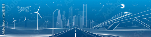 Infrastructure panorama. Highway, train traveling on bridges, business center, architecture and urban, neon city, wind turbines, white lines on blue background, dynamic scene, vector design art