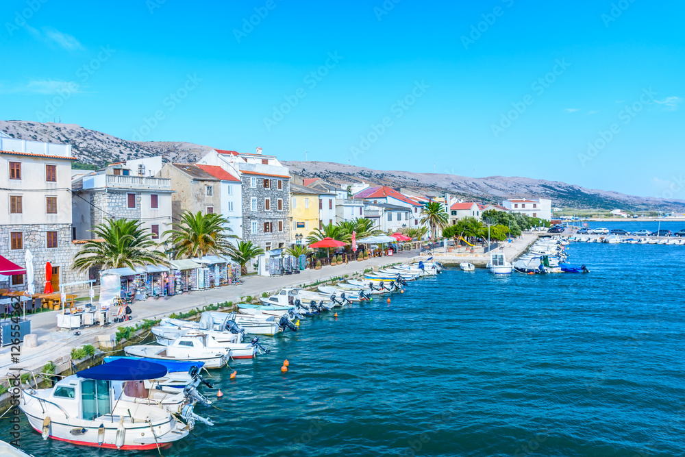 Pag island mediterranean town. / View at mediterranean town Pag, popular touristic place on Island Pag, Croatia Europe.