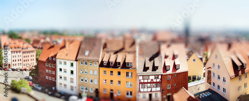 Panoramic cityscape of Nuremberg, Bavaria,  Germany. Miniature tilt shift lens effect.