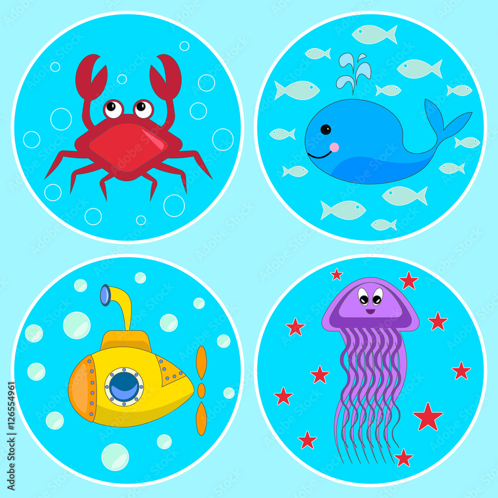 The Underwater icons, The set of colorful icons with cartoon heroes: crab, whale, jellyfish and submarine
