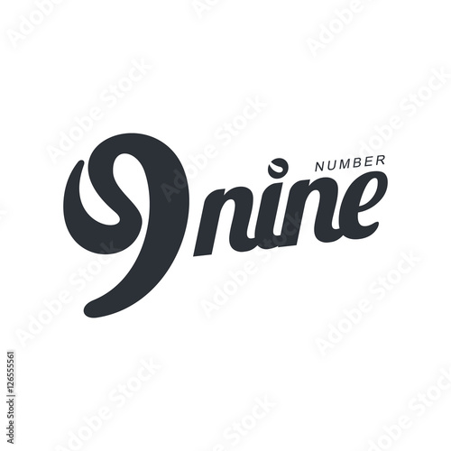 Black and white number nine abstract logo template with hand writing imitation, vector illustration isolated on white background. Black and white number nine graphic logotype